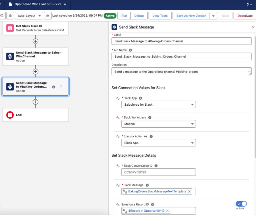 Send Slack Message Action to send an operations message to the Baking Orders channel.