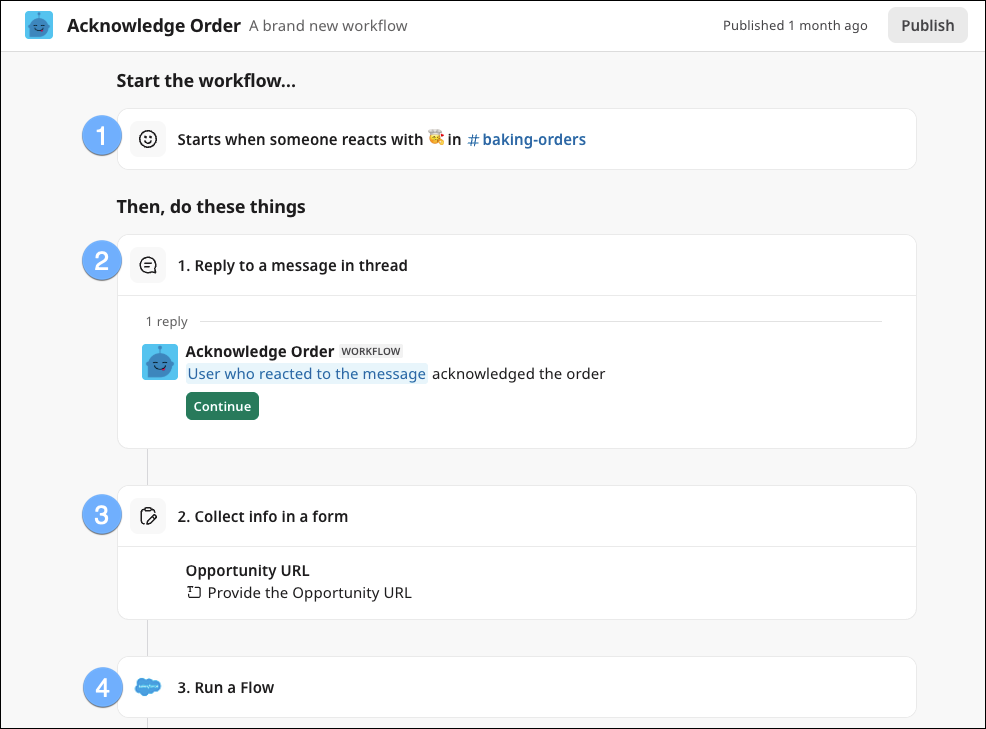 A Slack workflow triggered by a reactji.