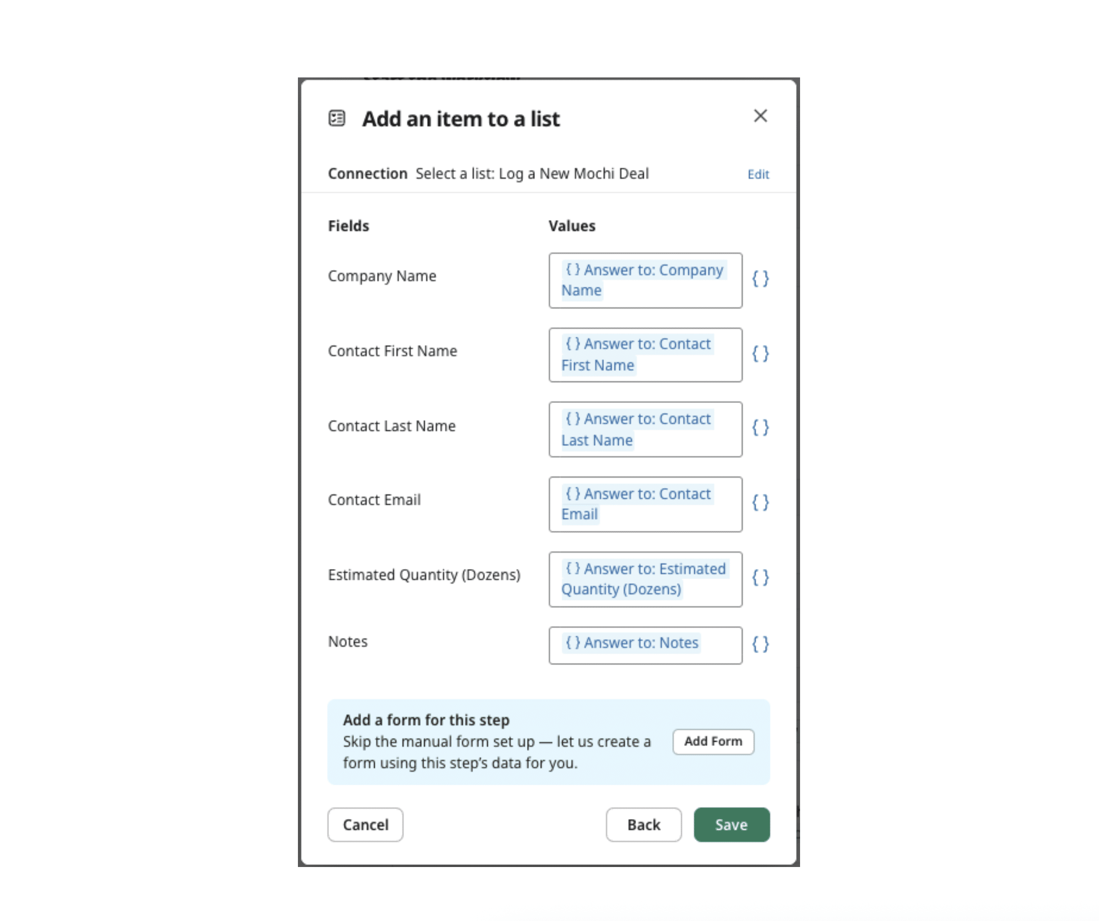 Add an item to a list workflow step in Slack Workflow Builder.