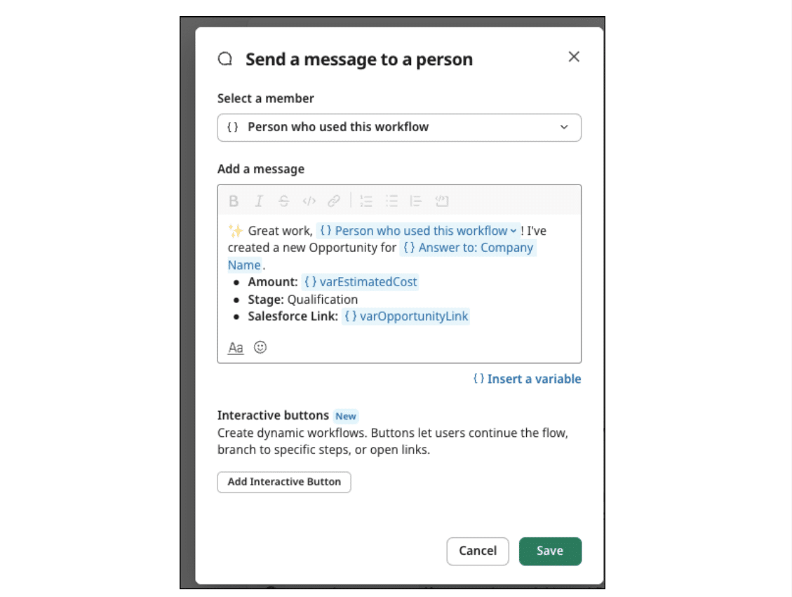 ‘Send a Message’ workflow step in Slack Workflow Builder.