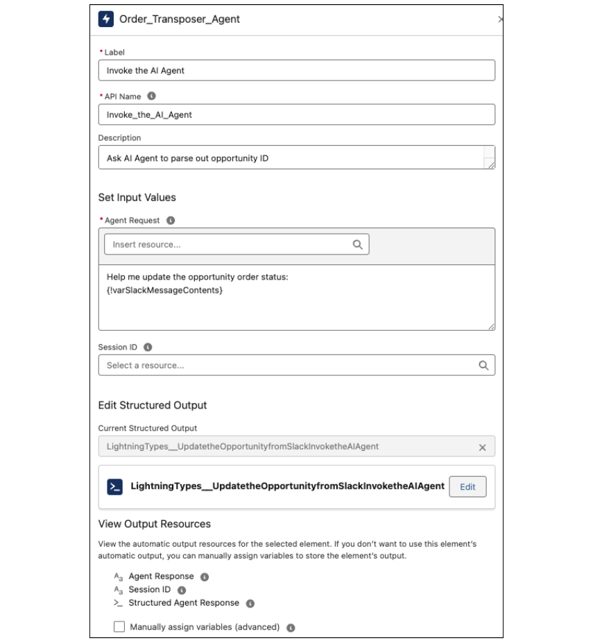 AI Agent action that invokes an agent to update the opportunity order status field.