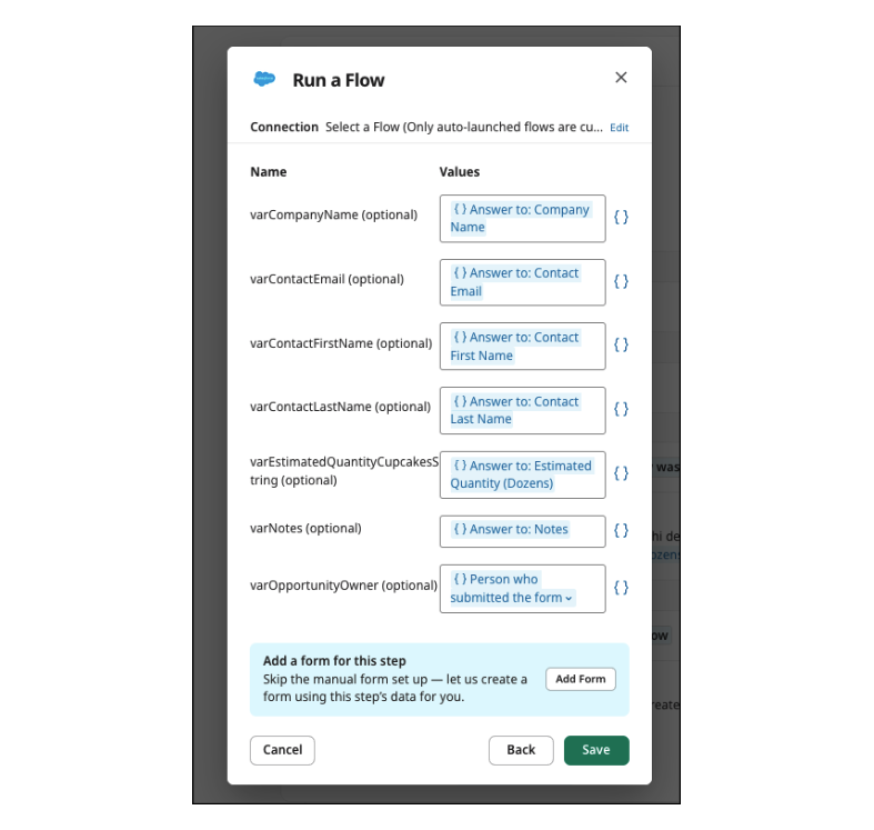Configured ‘Run a Flow’ workflow step with variable mapping configured.