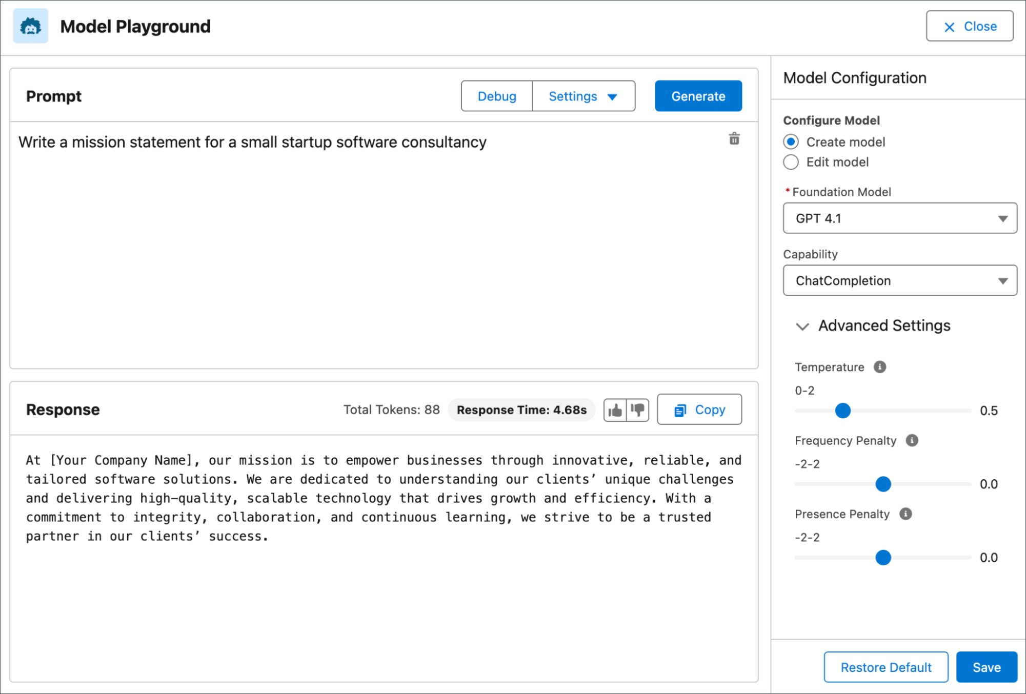 Model Playground showing Prompt and Response