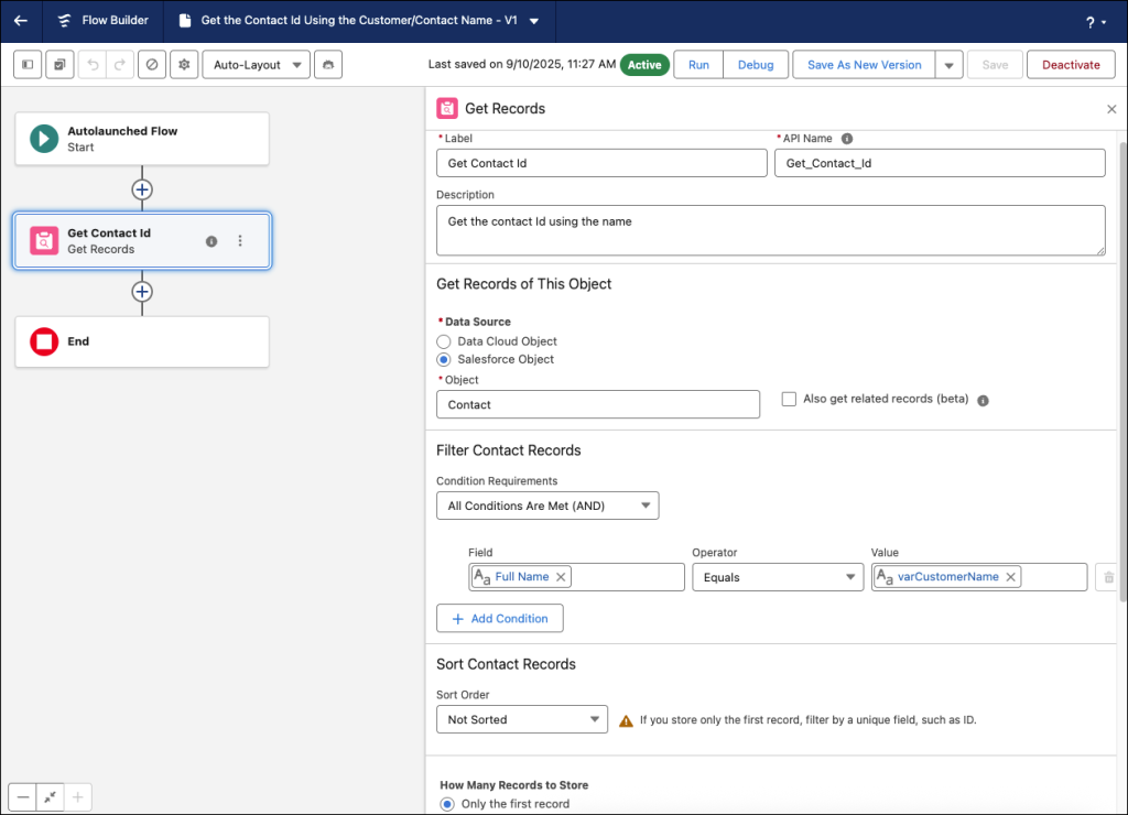 Flow action that gets the contact ID using the customer’s name.