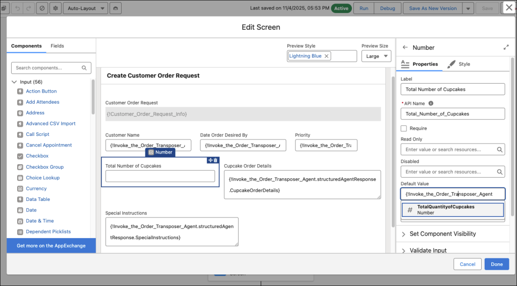 Screen element with structured outputs from the AI agent action pre-populated in the fields.]