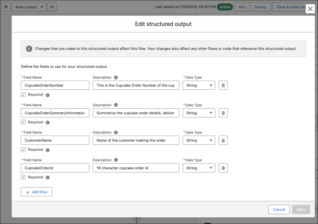 Configured structured outputs for AI agent action.