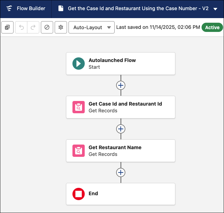Flow to get the Case Id and Restaurant Name using the case number.