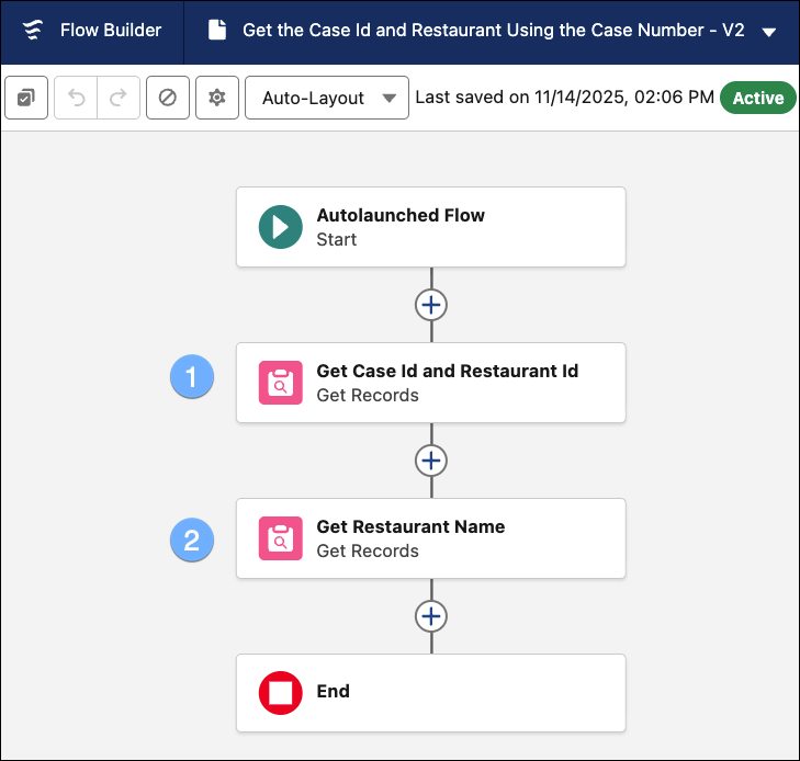 Flow to get the Case Id and Restaurant Name using the case number.