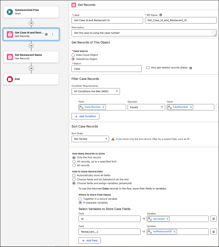 Details of the ‘Get Case Id and Restaurant Id’ Get Records element.