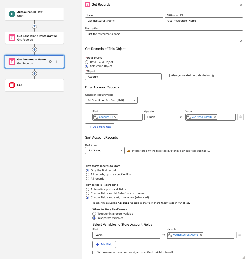‘Get Restaurant Name’ Get Records element in the flow.