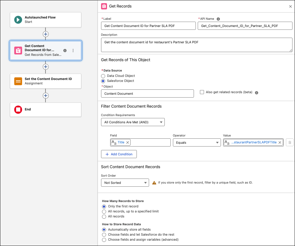 ‘Get Content Document ID for Partner SLA PDF’ Get Records element.
