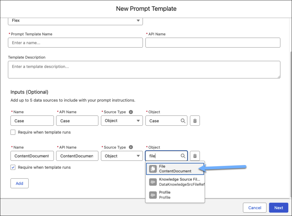 Flex Prompt Template configuration for the file input.