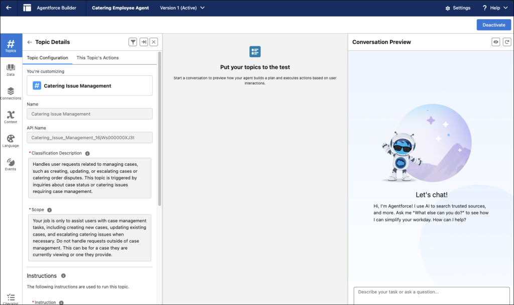 Catering Employee Agent in Agentforce Builder.