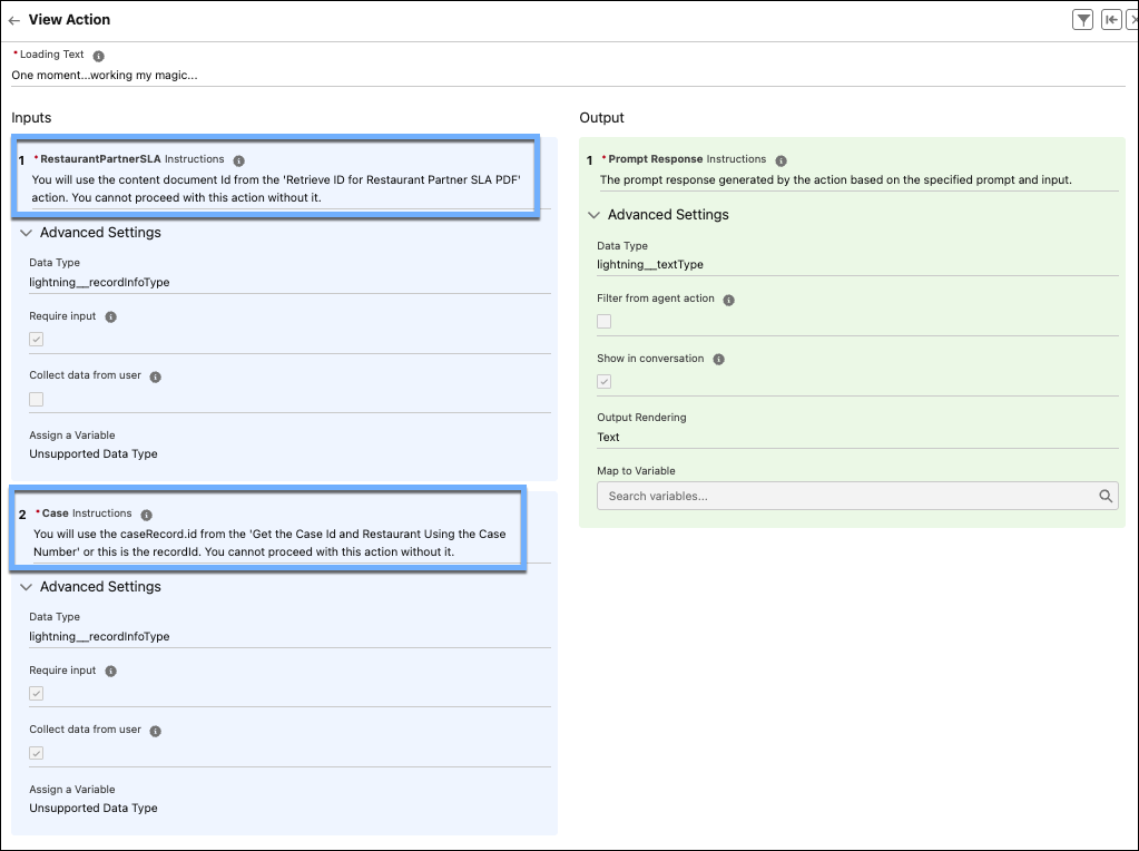 Inputs and outputs of the ‘Determine Resolution to Catering Issue’ prompt agent action.