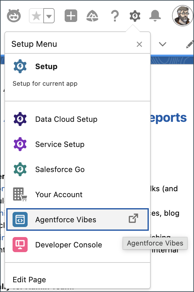 Salesforce Setup menu dropdown with Agentforce Vibes highlighted.
