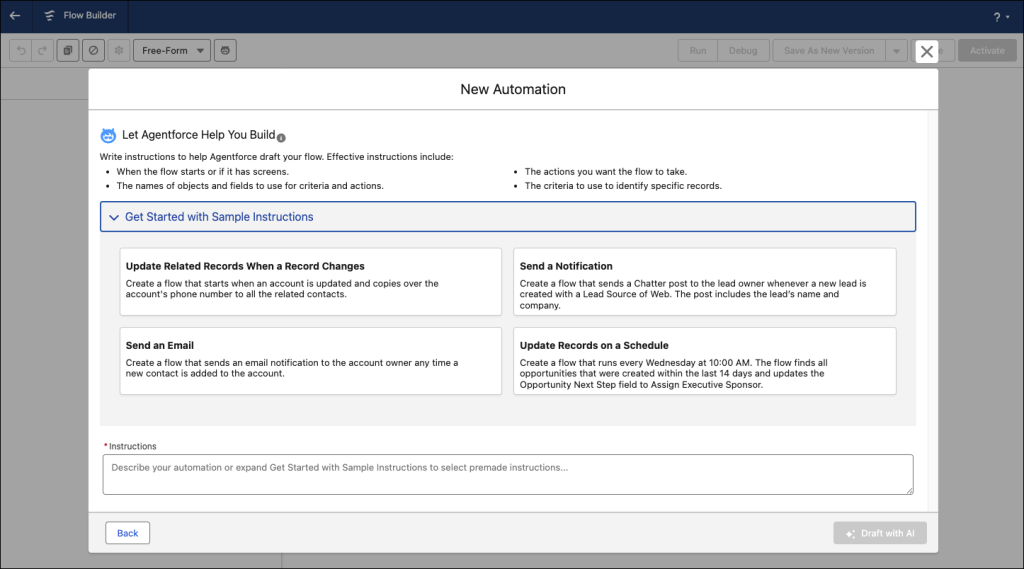 New Agentforce for Flow initial screen with sample instructions and prompt.