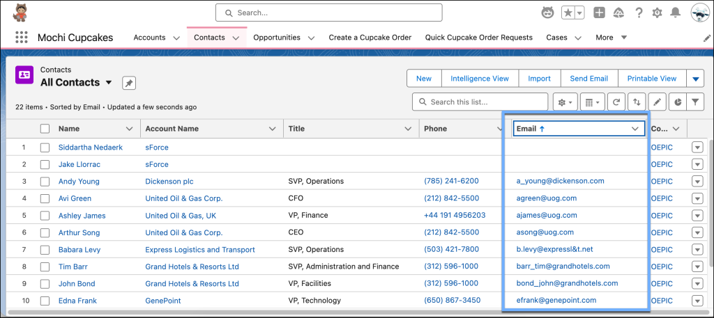 Winter ’26 List View with the Email field sorted in ascending order.