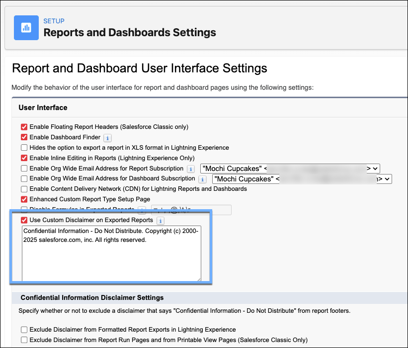 Configuring a custom disclaimer for exported reports in Setup.