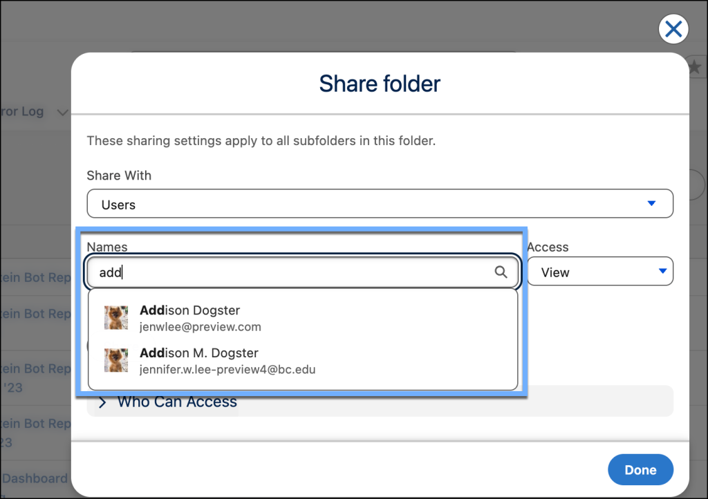 Share feature for report and dashboard folders now showing username in addition to display name.