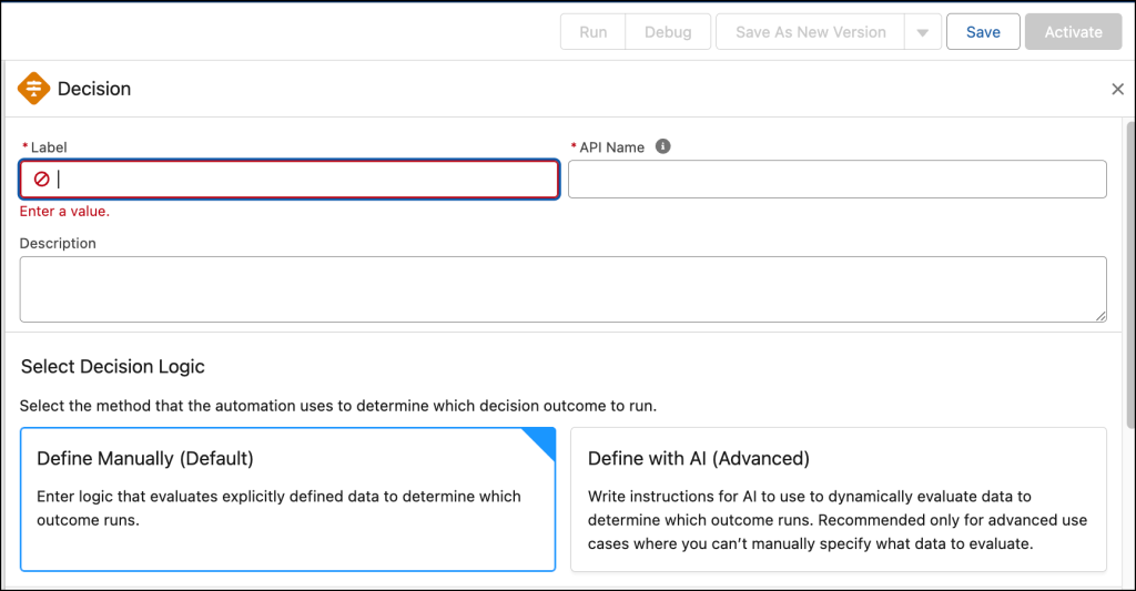 Updated labels in the Decision element to distinguish manual and AI for evaluating data in a flow.