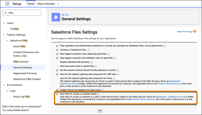 Scan files for viruses or malware (beta) feature in Setup for Salesforce Files.