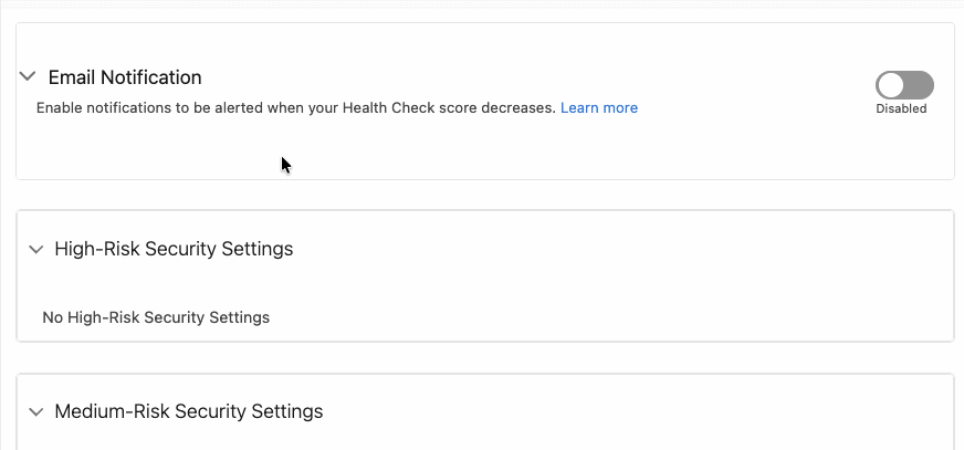 Shows configuration for email notification for Health Check in Setup.