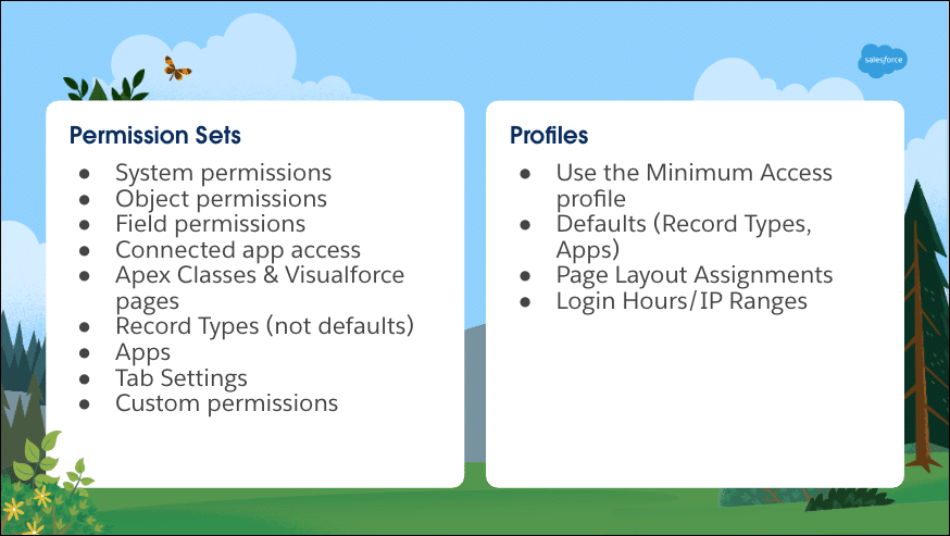 Comparison to help admins determine whether access should be granted via a profile or permission set.