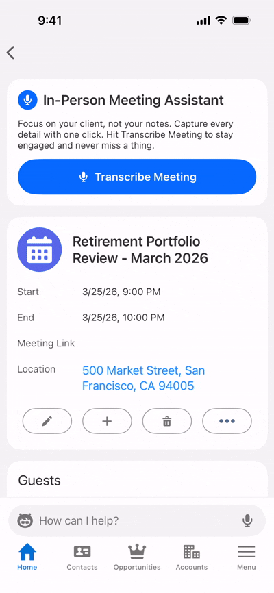 The In-Person Meeting Assistant in the Salesforce mobile app.