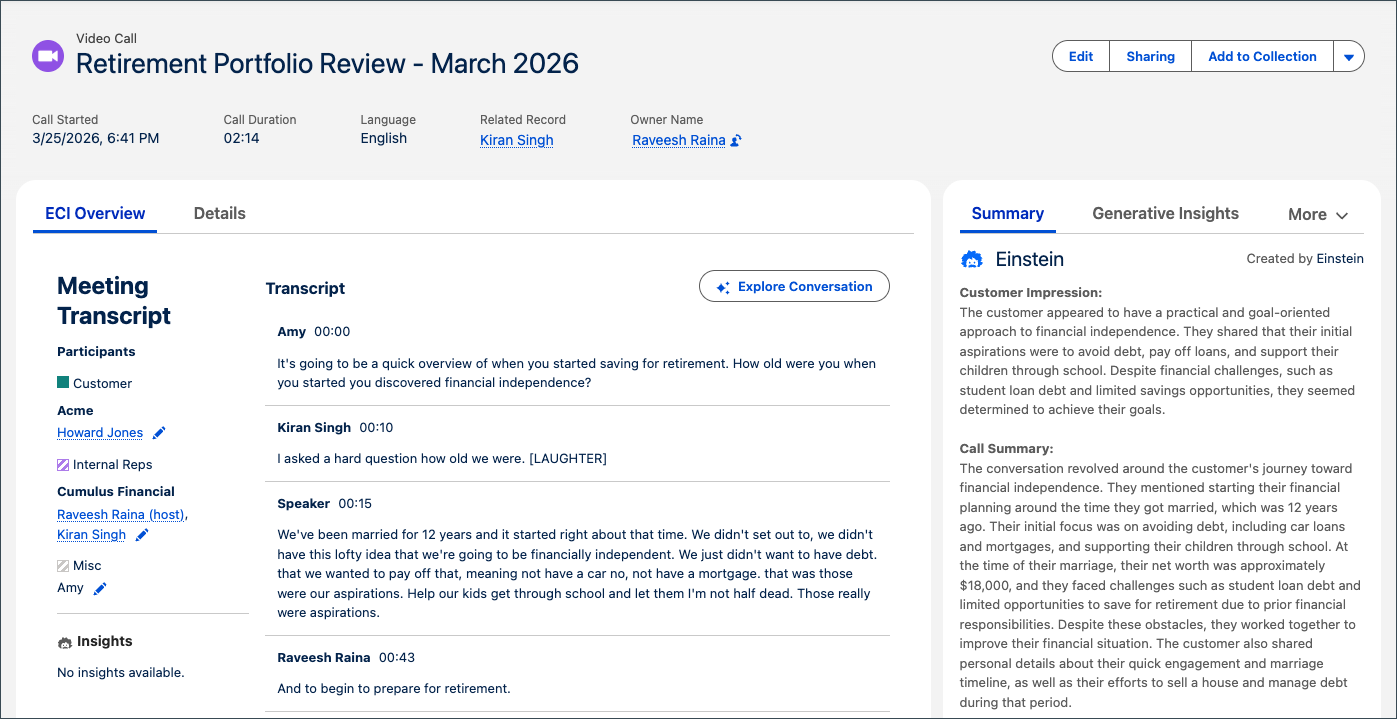 A video call’s Meeting Transcript details synced to Conversation Intelligence, including an Einstein Summary.