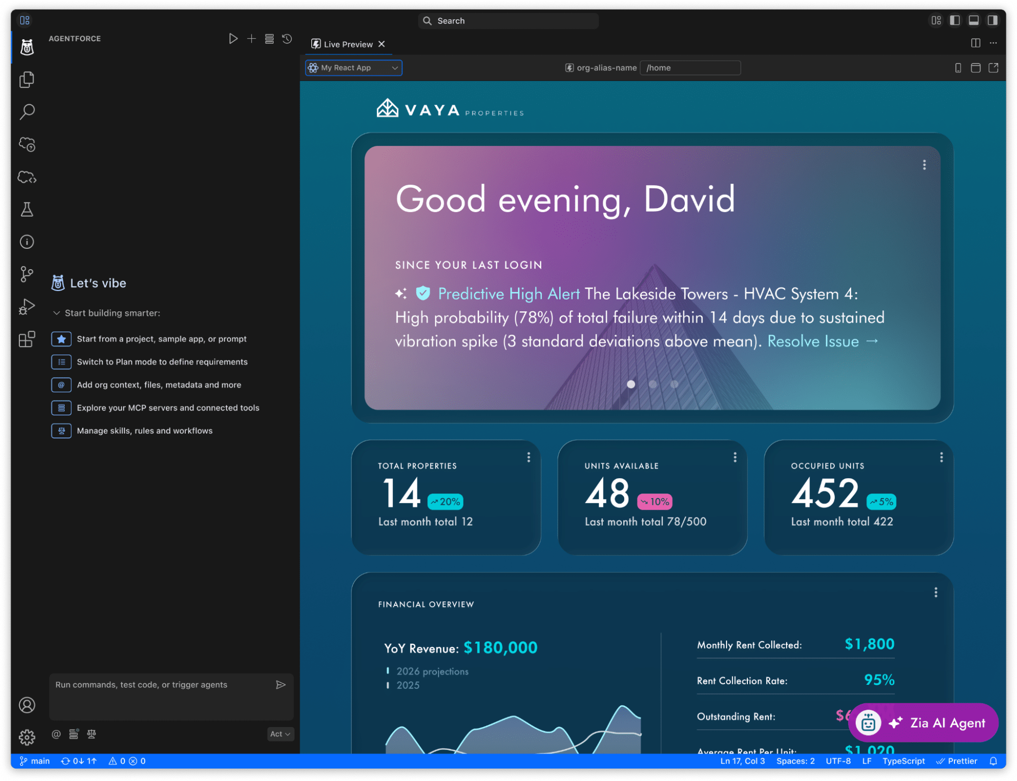 Preview of a React app in the Agentforce Vibes workspace