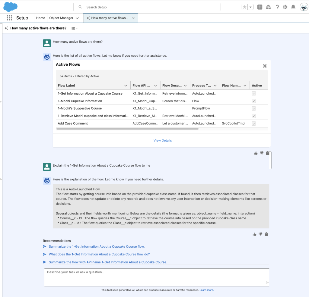 Scenario where admin asks for list of active flows and to explain a flow using Setup with Agentforce.