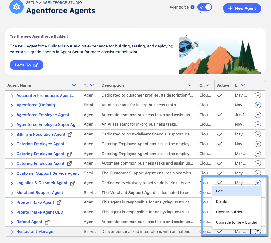 Upgrade to New Builder option available for agents built using the legacy builder on the Agentforce Agents page.