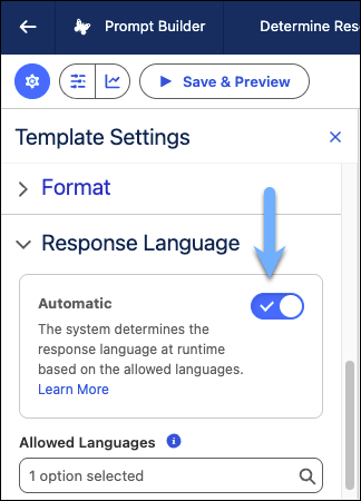 Automatic toggle in the Response Language section under the Template Settings in Prompt Builder.