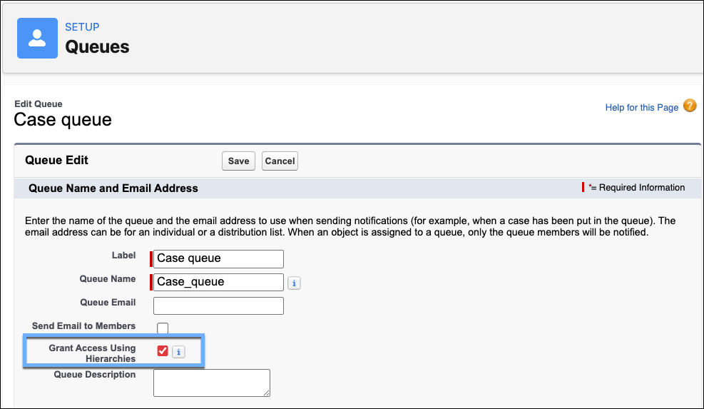 ‘Grant Access Using Hierarchies’ checkbox on the Queue record.