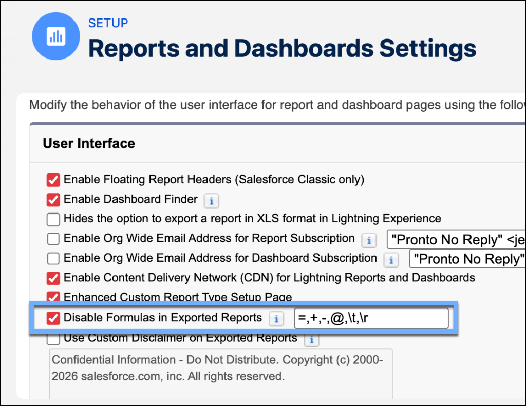 Disable Formulas in Exported Reports setting in Reports and Dashboards Settings page.