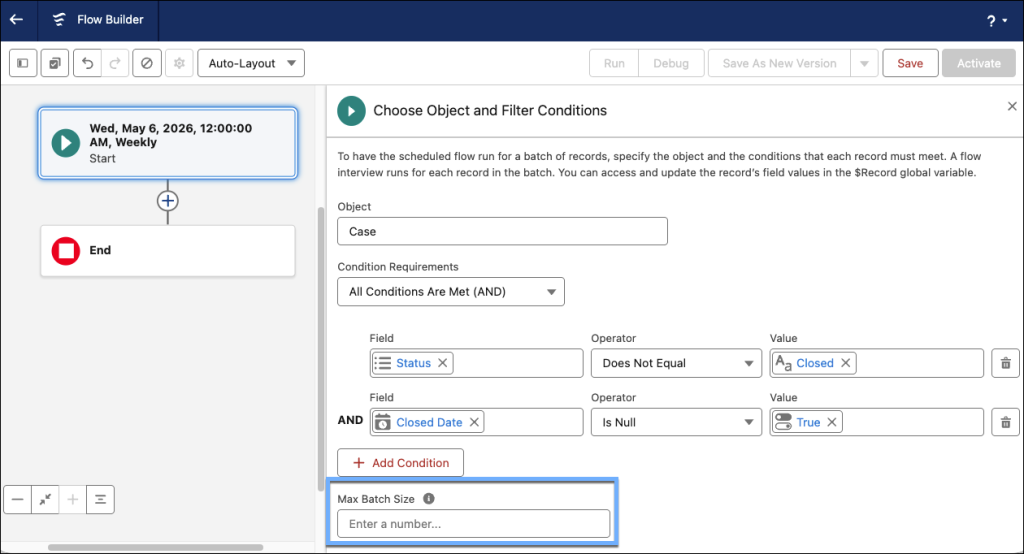 Specify the max batch size value for your schedule-triggered flows in the Choose Object and Filter Conditions portion of the Start Element.