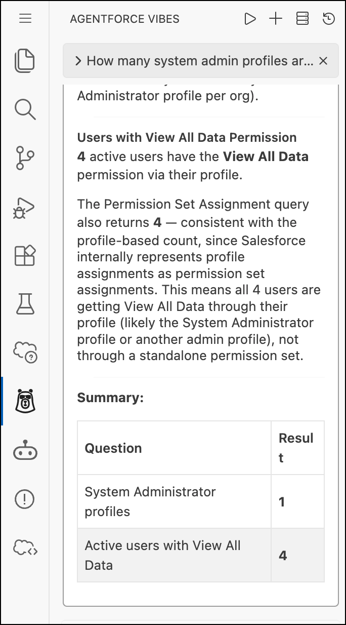 Agentforce Vibes providing information on privileged users showing a count of System Administrator profiles and active users with View All Data permissions.
