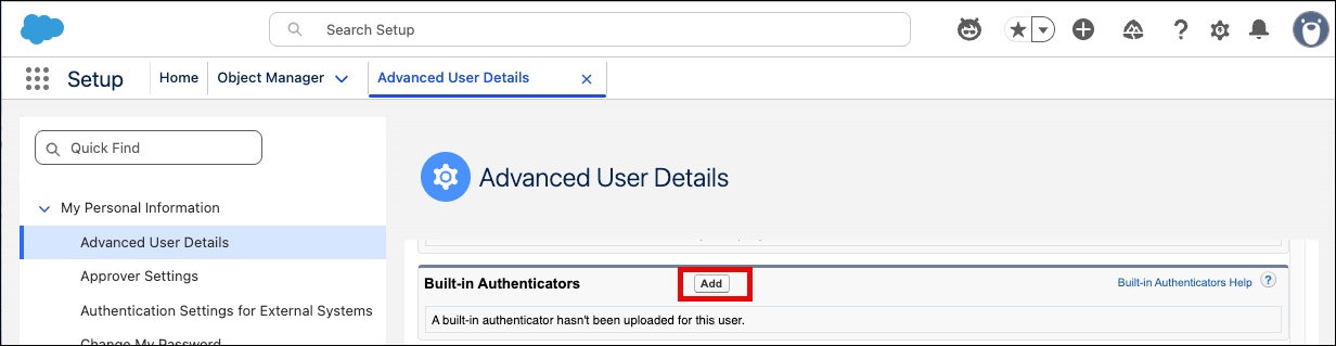 Advanced User Details showing Built-in Authenticators section.