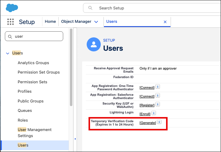 User Detail highlighting where a System Admin can generate a Temporary Verification Code when a user is locked out.