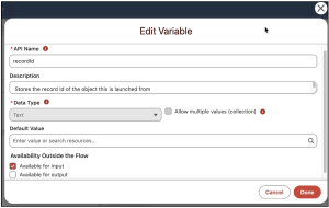 ecordId Flow variable resource to store the record Id of the object the Quick action is launched from