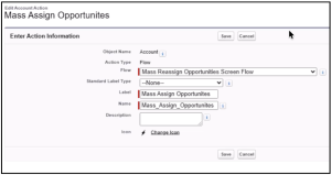 Configured object quick action using a screen flow.