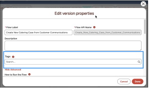 Selecting a Tag from the Flow properties modal in Flow Builder.