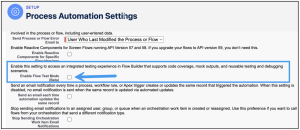 Process Automation Settings page where you enable the Flow Test Mode (Beta) feature.