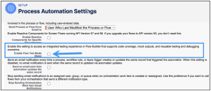 Process Automation Settings page where you enable the Flow Test Mode (Beta) feature