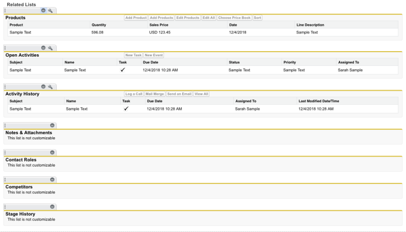 The related lists in the opportunity page layout editor, where the delete icon for the first list is focused.